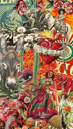 a collage of people and animals surrounded by flowers, plants, and other things