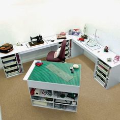 an office desk with several drawers on each side and a sewing machine in the middle