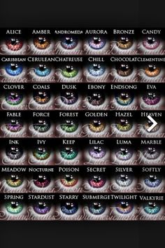 an image of many different colored eyes with the names of them in each eye color