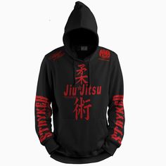 a black hoodie with the words jujutsu written in red ink on it