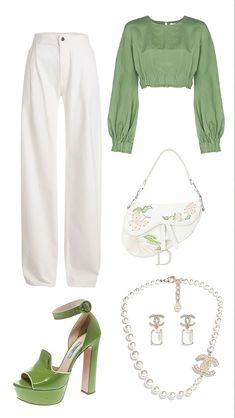 Clean Boho Aesthetic Outfits, Kpop Polyvore Outfits, Outfits With White Background, Green And White Outfit, Green Outfit Ideas, Fashion Outfits Casual, Green Outfits, Teenage Fashion, Green Outfit