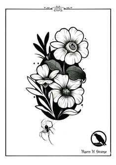 an ink drawing of flowers on a white paper with black and white border around it