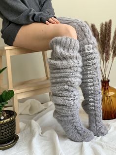 Ravelry: Cable thigh high socks 65" pattern by Yulia Ilinkova Wool Leg Warmers, Knit Boot Socks, Cable Knit Socks, Wool Leggings, Cool Winter, Leg Warmer, Pink Socks, Custom Leggings, Business Dress