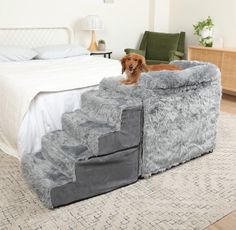 a dog laying on top of a bed in a bedroom next to a chair and rug