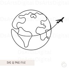 the earth with an airplane flying over it in black and white, on a white background