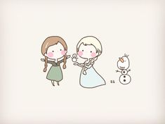 two women standing next to each other in front of a snowman