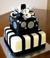 a black and white cake with polka dots on it's top is displayed for the camera