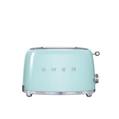 the smeg toaster is light blue with silver trim