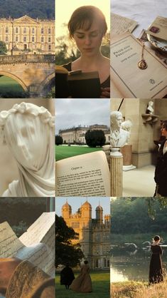 the collage shows many different scenes including books, statues, and people in historical dress