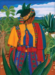 a painting of a man in colorful clothing standing next to cactuses and trees on a sunny day