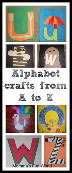 alphabet crafts from a to z with pictures of animals and letters on them, including the letter