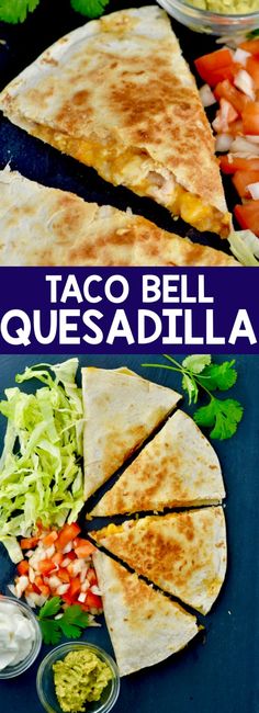 taco bell quesadilla cut in half with lettuce and tomatoes