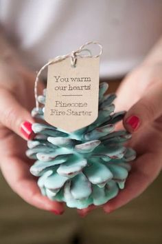 a person holding a small pine cone with a tag on it's end that says you warm our heart