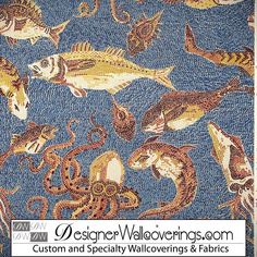 an image of some fish and octopuses on a blue background with gold trimmings