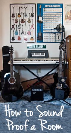 guitars and amps are sitting on the floor in front of a desk with music equipment