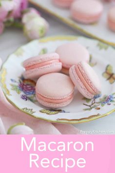 pink macarons on a plate with the words how to make macaroons