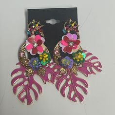 Brand New, Never Worn. Chic Pink Flower Shaped Earrings, Chic Pink Flower-shaped Earrings, Pink Bohemian Earrings For Spring, Bohemian Pink Earrings For Spring, Pink Flower-shaped Jewelry For Vacation, Pink Flower Jewelry For Vacation, Trendy Pink Earrings For Vacation, Chic Pink Earrings For Summer, Pink Spring Jewelry For Vacation