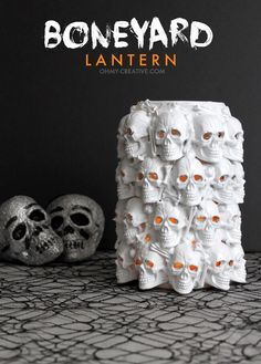 there is a white vase with skulls on it and the words, boneyard lanternern