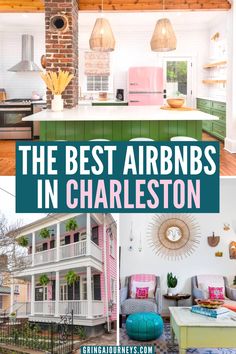 Top photo shows a green and pink kitchen in a popular Airbnb for rent in Charleston. The bottom left photo shows the outside of a hot pink historic home in Charleston on Airbnb. The bottom right photo shows the interior of a living room in an Airbnb in Charleston, with colorful decor. Where To Stay In Charleston Sc, Charleston Airbnb, Charleston Historic District