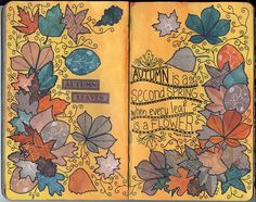 an open book with flowers and leaves on it's cover, which reads autumn is a season