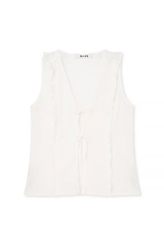 Frill Detail Tie Vest White Sleeveless Tank Top With Knotted Straps, Daywear Tank Top With Tie Straps, Sleeveless Top With Tie Waist For Day Out, Sleeveless Tie Waist Top For Day Out, Chic V-neck Top With Tie Straps, Chic Summer Vest For Daywear, Feminine V-neck Vest For Summer, Summer Feminine V-neck Vest, Tie Vest