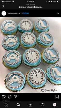 cupcakes decorated with blue and white icing are arranged in the shape of clocks