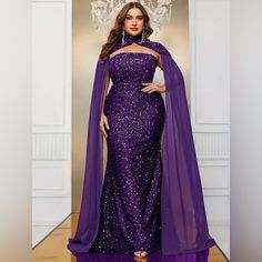 Elegant Strapless Tube Dress With Detached Cape Sleeve With Floor Length Brush Train In Deep Purple. Lovely Dress For Parties & Banquets. Available Size: 3x(18) Only #Plussize #Purpledress #Brushtrain #Cape #Tubedress #Partydress Sukienki Plus Size, Sequin Formal Dress, Sequin Prom Dress, Long Evening Gowns, Bridesmaid Dresses Plus Size, Cape Dress, Plus Size Kleidung, Prom Wedding, Plus Size Wedding