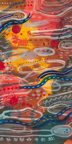 an abstract painting with different colors and patterns on it's surface, including circles