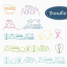 a bunch of doodles that are in the shape of mountains and trees with words on them