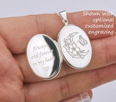 Carrying the pictures of your loved ones close to your heart all the time, this personalized locket necklace features: 1. a solid oval sterling silver locket (19 x 26 mm, 4.6 grams) that can hold two pictures.     Picture insertion service available (select from the pulldown) for $14 each photo. Please send photo(s) by attaching them to a conversation to me.     It can be engraved on the front and back (use pulldown menu to select). Monograms, picture(black/white w. well defined lines), badge, fingerprints*, handwriting, can be engraved. * fingerprint engraving incurs a $10 surcharge because of long engraving time.  2. a sterling silver chain with a lobster clasp.      Upgrade to other type of chain available:      https://www.etsy.com/listing/735520894 3. a personalized note card printed Sterling Silver Locket, Memory Locket, Silver Locket, Elegant Font, Photo Locket, Silver Lockets, Premium Gift, Locket Necklace, Fingerprint