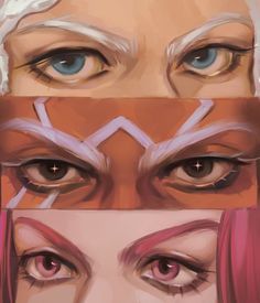 the face of a woman with blue eyes and pink hair, in three different angles