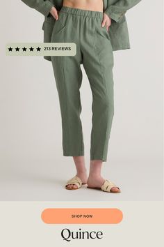 Whether you're heading to the office, out for brunch with friends, or lounging at home, the 100% European Linen Tapered Ankle Pant is the perfect choice. Made from high-quality sustainability grown linen, these pants are lightweight, breathable, and oh-so-comfortable. The tapered design flatters your figure and elongates your legs, creating a slimming effect that is both stylish and flattering. The pants are versatile enough to be paired with anything from a basic tee to a dressy blouse, making them the perfect closet staple. Looking for our original Linen Pant? Check it out here.  | Quince | Women's 100% European Linen Tapered Ankle Pants in Light Cargo, Size XS Brunch With Friends, Ankle Pants Women, Linen Pant, Perfect Closet, Dressy Blouse, European Linens, Black Sand, Basic Tee, Linen Women