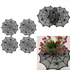 several spider web decorations with red flowers in the center and one on the bottom side