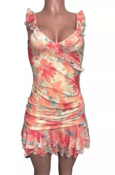 Bright Floral Luau Vacay Summer Mesh Ruffle Sun Slip Dress New Coquette Mini S  | eBay Dress From Shein, Mini S, Going To The Beach, Hawaiian Dress, Floral Mini Dress, Sundress, New Dress, Vintage Outfits, Slip Dress