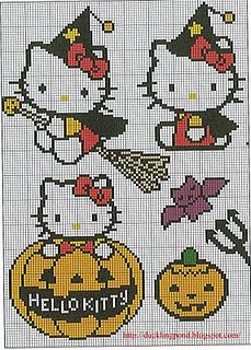 hello kitty halloween cross stitch pattern with pumpkins, jack - o - lantern and cat