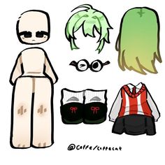 paper doll with green hair and glasses next to other items for the costume design process