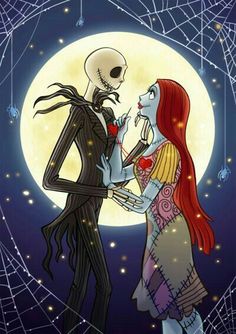 a couple dressed up as skeletons in front of a full moon with spider webs