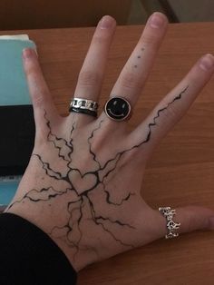 a person's hand with two rings on top of it, and a book in the background