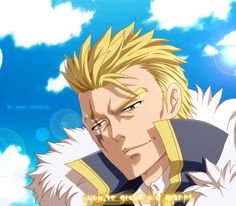 an anime character with blonde hair and blue eyes looks at the camera while standing in front of clouds