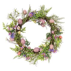 a wreath with flowers and eggs is shown on a white background for use as an ornament