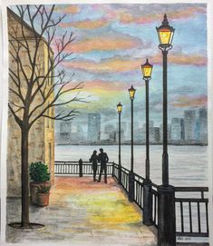 a painting of two people walking down a sidewalk next to a lamp post and street light