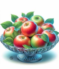 a painting of apples in a glass bowl with green leaves on the rimmed dish