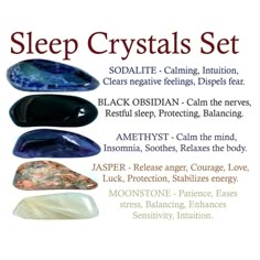 Sleep crystal set including 5 of the most powerful crystals to sleep well. This set includes: * 5 crystals - sodalite, black obsidian, amethyst, jasper and moonstone. * Card with information about all crystals in the set. * Sturdy velvet bag for your stones. * Gift card (optional). * Everything is packed in an elegant box with a ribbon ready to be given as a gift. * Stones size 0,75''- 1'' or 2 - 2,5 cm. * How to use your crystals * You can keep your crystals wherever you wish, whether that be b Energy Stones Crystal Healing, Crystals For Sleep, Best Healing Crystals, Crystal Healing Chart, Crystal Guide, Zodiac Stones, Crystals Healing Properties, Spiritual Crystals, Crystal Healing Stones