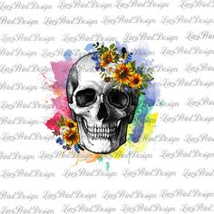 a skull with flowers on it's head and watercolor paint splatters