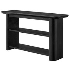 a black wooden shelf with two shelves on each side and one shelf below the shelf