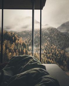 a bedroom with a view of the mountains and trees from it's window sill