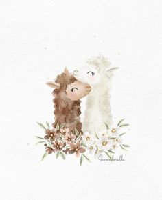 a watercolor painting of two sheep and flowers