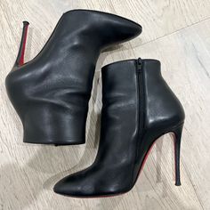 Christian Louboutin Leather Ankle Boots - Black. Only Worn A Few Times. 4” Heel. Wear At Soles; Minor Scratches Throughout; Moderate Creasing At Vamps. Semi-Pointed Toes Exposed Zip Closure At Ankles Runs Small, Usually A 6.6. Black Only, Louboutin Shoes, Black Ankle Boots, Christian Louboutin Shoes, Boots Black, Leather Ankle Boots, Bootie Boots, Christian Louboutin, Ankle Boots