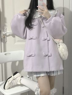 Cute Purple Outfits Korean, Lavender Winter Outfit, Kawaiicore Clothing, Lilac And White Outfit, Outfit Inspo Korean, Kawaii Winter, Lavender Outfit, Clothes Streetwear, Fluffy Coat