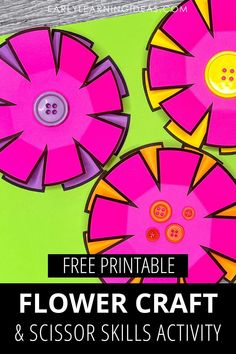 paper plate flower craft for kids with text overlay that says free printable flower craft and scissors skills activity